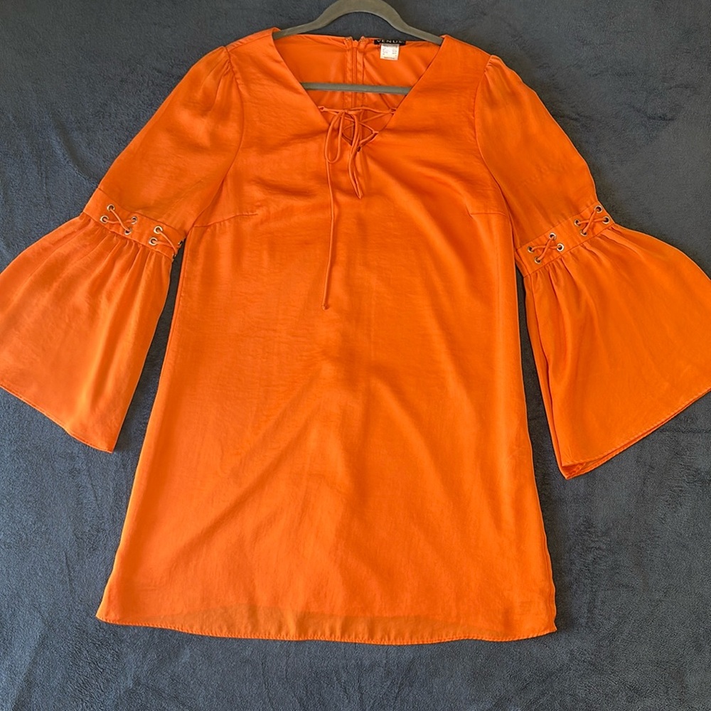 Boho Orange Lace-Up Bell Sleeve Dress
